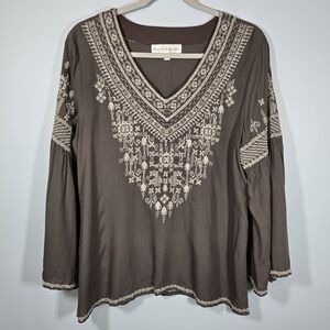 Chelsea & Theodore Embroidered Bohemian Top Womens Size Medium Green Boho Blouse